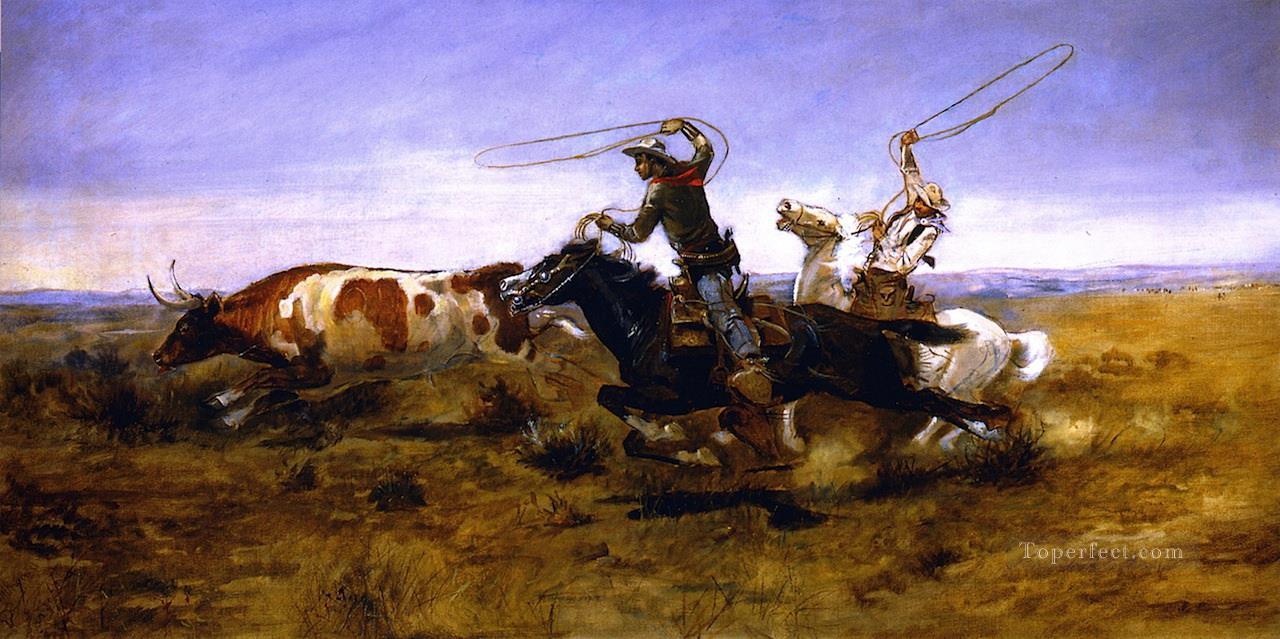 oh cowboys roping a steer 1892 Charles Marion Russell Indiana cowboy Oil Paintings
